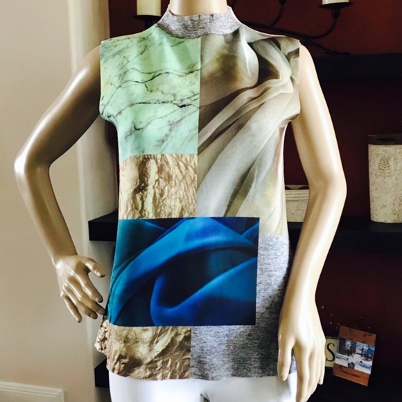 Zara Scuba Neoprene Graphic Print Top Sleeveless Mock Neck Small Colorful - Picture 2 of 10